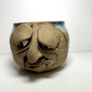 Vintage Face Mug With Cigarette On Blue Green Stoneware Pottery Mug Signed
